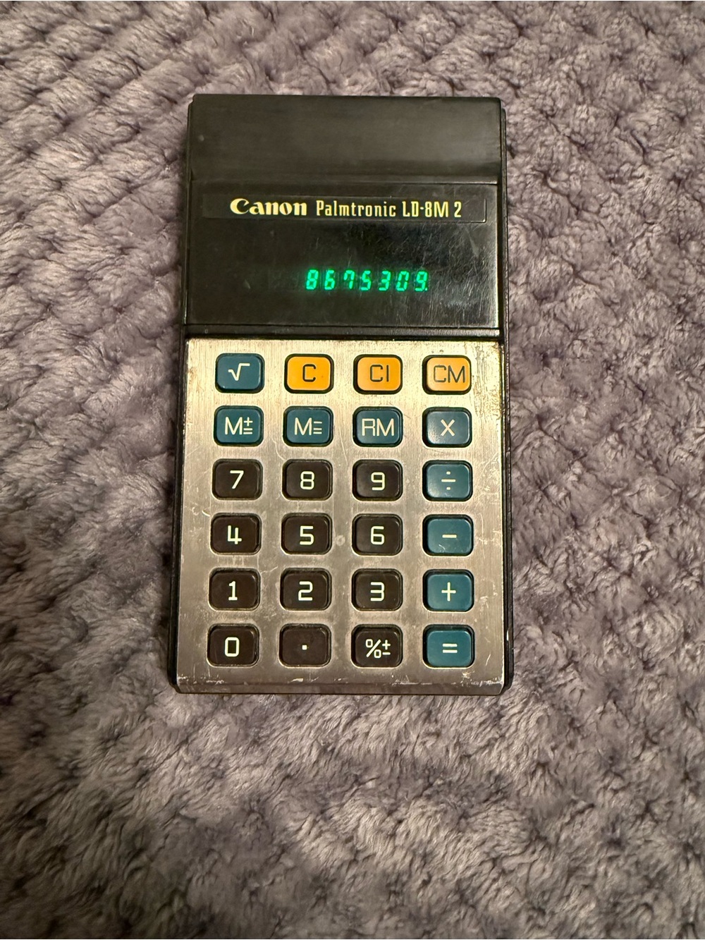 Canon Palmtronic LD-8M2 Black Calculator with Teal and Yellow Buttons